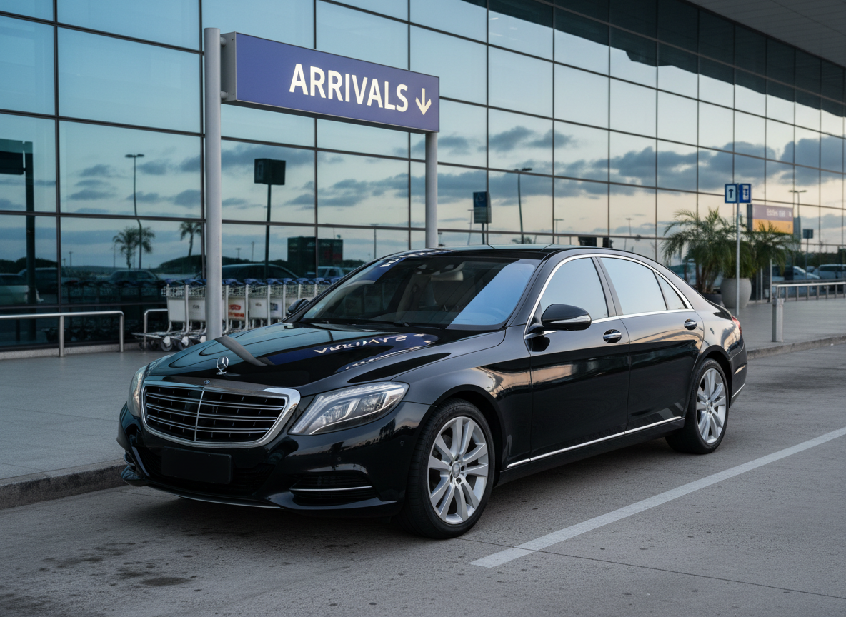 A sleek black executive sedan with subtle chrome accents and tinted windows, parked precisely at a designated pick-up point in front of Rio de Janeiro’s modern airport terminal exterior, with clear signage reading “Arrivals”. The car’s polished bodywork reflects the glass façade and soft blue of the early morning sky. Diffused natural light creates gentle highlights along the curves of the vehicle and soft shadows on the clean pavement. The composition is shot at eye level with a slight three-quarter front angle, emphasizing the sedan’s elegance and professionalism. Background details, like blurred luggage trolleys and directional signs without visible people, reinforce the context. The overall style is photographic realism with a clean, corporate, and trustworthy mood, perfect for an executive transfer service homepage hero image.
