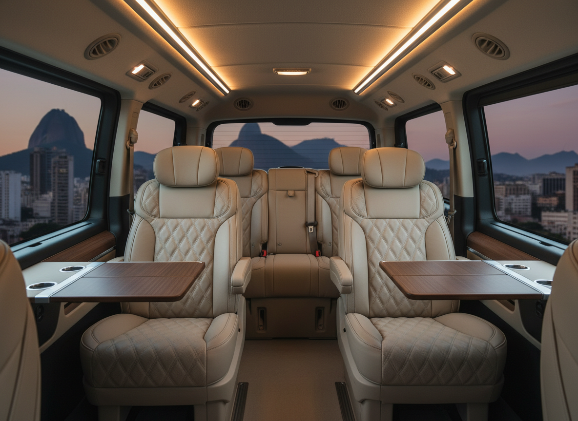 The spacious interior of a high-end black minivan configured for executive transport, featuring three rows of plush beige leather captain’s chairs with detailed stitching, individual armrests, and fold-out work tables. The camera is placed at the rear looking forward, showcasing ample legroom, integrated ambient LED lighting along the ceiling, and discrete air vents. Outside the large side windows, a softly blurred view of Rio’s skyline at dusk is visible, with Sugarloaf Mountain silhouetted in the distance. Soft, balanced interior lighting highlights textures of leather and brushed metal accents, creating a sophisticated, comfortable mood ideal for corporate transfers and event transport. Photographic realism, clean composition with sharp focus throughout, conveying luxury, privacy, and professionalism, without any passengers present.