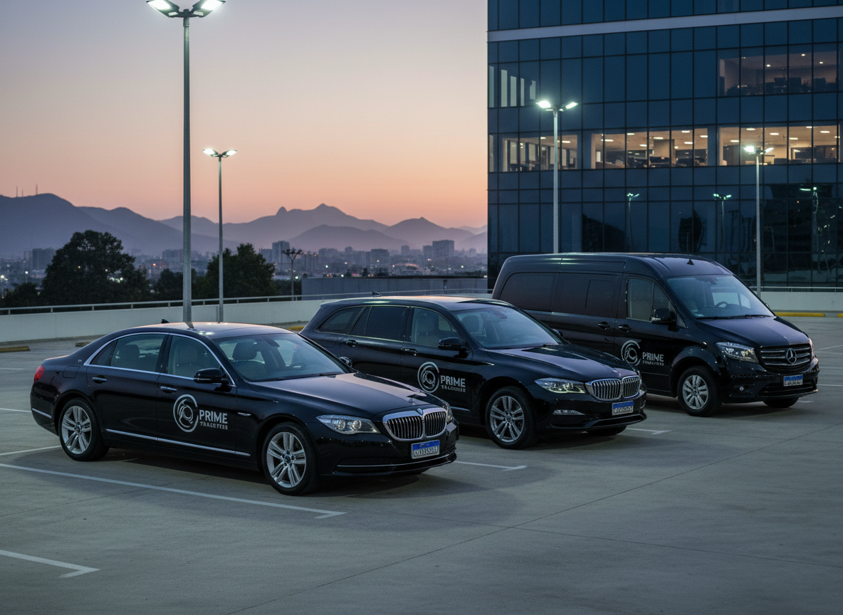 A professional fleet lineup of three vehicles—an executive sedan, a premium SUV, and a high-roof minivan—all in matching deep black paint with subtle, discreet branding on the front doors, arranged diagonally in a secure, well-lit corporate parking area. Behind them, a modern office building with glass panels reflects the evening sky and a faint outline of Rio’s mountains. Cool-white LED floodlights cast precise, crisp light on the vehicles, accentuating their polished surfaces and creating defined but soft-edged shadows. The composition is shot from a slightly elevated angle, showing all three vehicles clearly and conveying versatility of the service: transfers, corporate travel, and events. The mood is highly professional, organized, and reliable, rendered in photographic realism with a clean, modern aesthetic and no people visible.