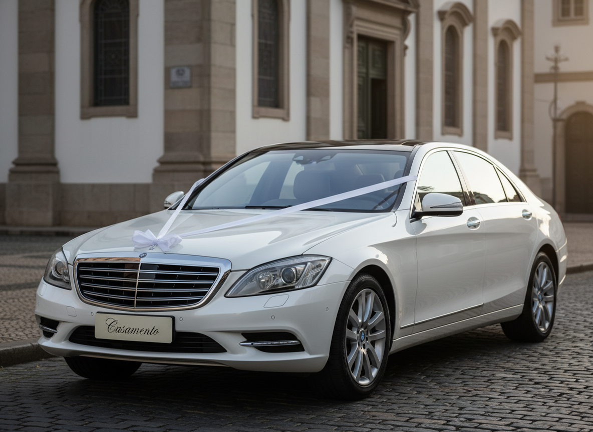 A pristine white wedding car, a late-model luxury sedan adorned with an elegant, minimal white ribbon across the hood and a small, tasteful “Casamento” card on the windshield, parked in front of a classic Rio de Janeiro church façade with neutral stone and simple architectural details. Early evening light bathes the scene in a warm, golden tone, creating gentle reflections on the car’s glossy paint and soft shadows on the cobblestone street. The camera captures a three-quarter front view at eye level, with the church framed in the background but slightly out of focus. The mood is refined, celebratory, and serene, emphasizing premium wedding transport services. The photographic style is realistic and clean, with attention to subtle details like chrome trim, polished wheels, and a spotless, well-maintained appearance.