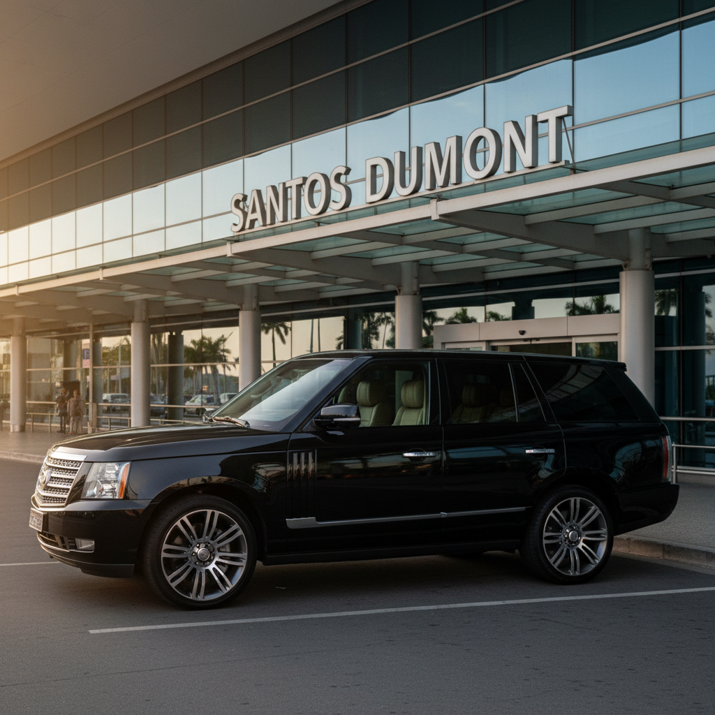 A luxurious black SUV with high ground clearance and refined alloy wheels, positioned curbside under a covered drop-off area outside a contemporary glass-and-steel airport terminal signed “Santos Dumont”. The vehicle’s interior is faintly visible through lightly tinted windows, showing neat leather seats and a discreet tablet stand on the rear console. Late afternoon golden light filters in from the open side, creating warm highlights along the SUV’s body and a subtle glow on the terminal’s metallic structure. The mood is calm and efficient, suggesting punctual transfers. Captured from a slightly low angle and rule-of-thirds composition, the image emphasizes reliability and premium service. The background remains softly blurred with no people present, focusing attention on the SUV and the professional, executive transport aesthetic in realistic photographic style.
